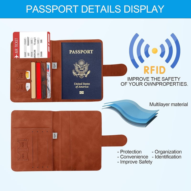 Sovirose Passport Holders, RFID Blocking Credit Card Holder, PU Leather Passport Holders for Travel with Magnetic Buckle, Travel Must Haves Cruise Ship Essentials for Men, Women (Brown) - Image 3